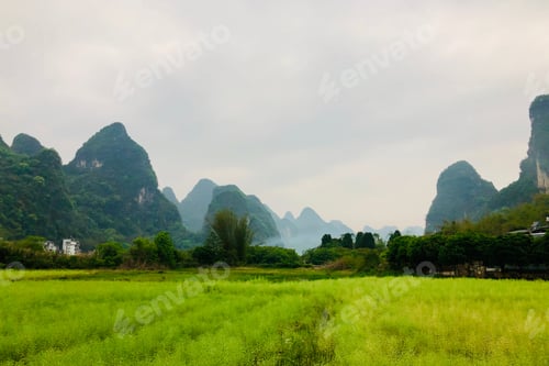 Preview: The green rape and green mountains in the distance, the famous beautiful Guilin landscape scenery.
