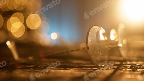 Preview: Santas Eyeglasses On Wooden Table In Front Of Christmas Tree