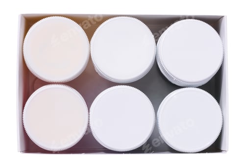 Preview: Round plastic jars in a paper box, top view