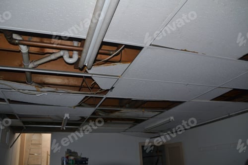 Preview: Water damage to a drop ceiling due to a fire. Time to file an insurance claim.