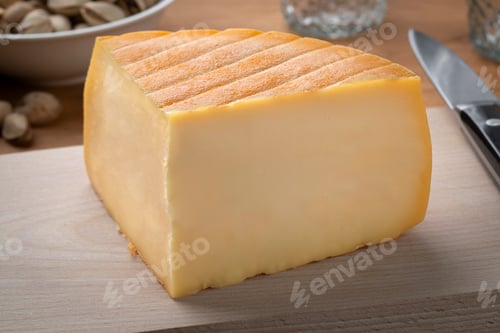 Preview: Piece of Belgian Chimay a la biere cheese on a cutting board