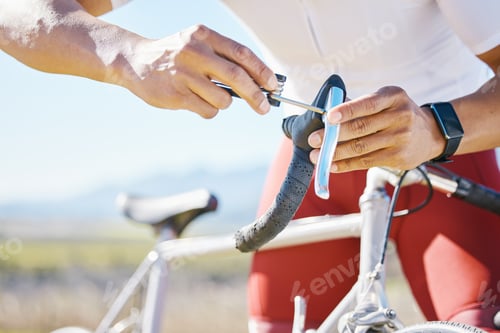 Preview: Fixing, bicycle and a man outdoor with handlebar, gear or brake problem while cycling. Bike, hands