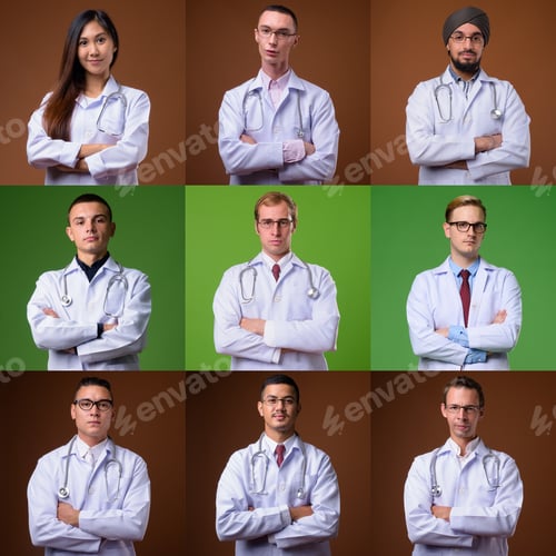 Preview: Portraits of doctors and healthcare workers looking at camera shot in studio