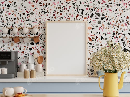 Preview: Mock up poster frame in kitchen interior with terrazzo wall.