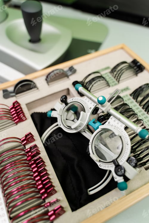 Preview: Trial frame glasses and lenses close-up for eye exam and vision system evaluation