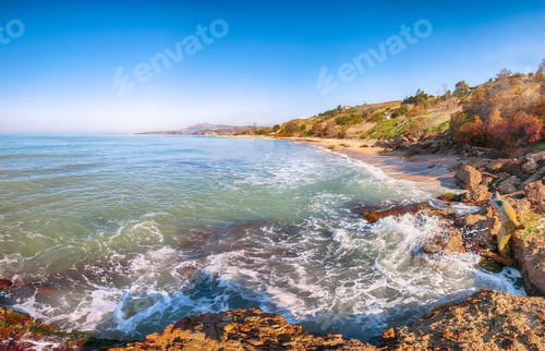Preview: Fabulous view azure sea glowing by sunlight. Dramatic morning scene
