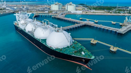 Preview: LNG (Liquified Natural Gas) tanker anchored in Gas terminal gas tanks for storage. Oil Crude Gas