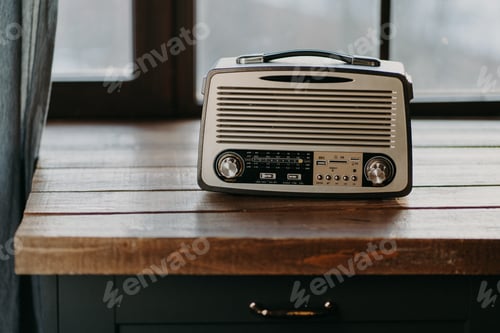 Preview: Retro vintage radio on wooden table surface near window. Back to 80s