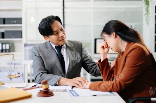 Preview: Professional lawyer comforting client during legal consultation in modern office,