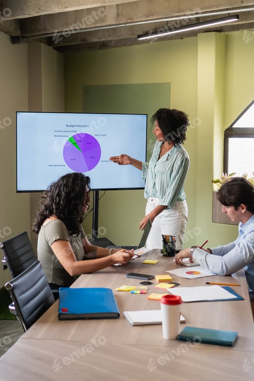 Preview: Marketing professional presenting budget allocation to colleagues in meeting room