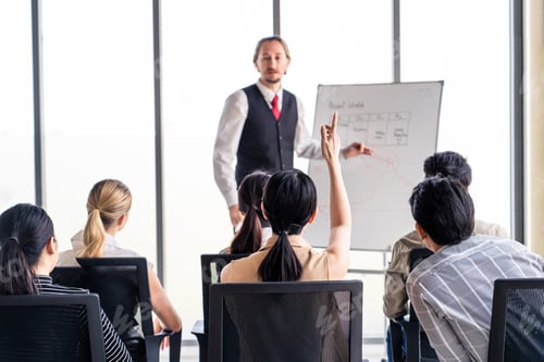 Preview: Leader man and businessman brainstorm to solve problem, presentation new idea in office
