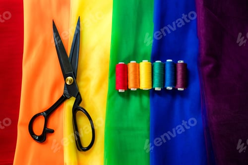Preview: multi-colored pieces of fabric and a threads on the table preparation for the ride parade lgbt