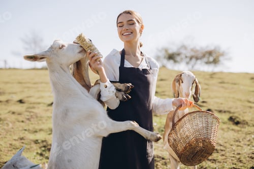 Preview: Young Woman Joyfully Feeding Goats in Sunny Pasture While Holding Wicker Basket