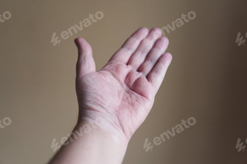 Preview: Open human palm on blurred background - support concept
