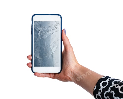 Preview: Woman hands holding smartphone with cracked screen isolated on white