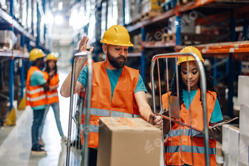 Preview: Warehouse inspection: focused workers checking inventory boxes