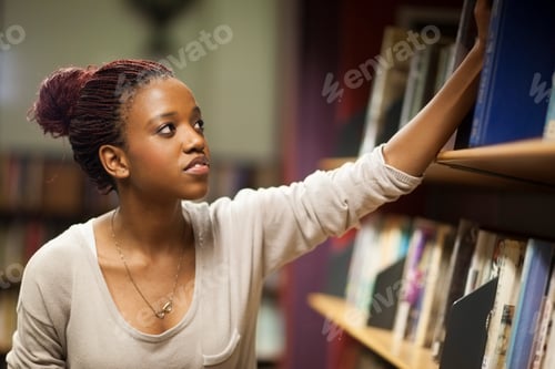 Preview: Female student in a library at bookshelf