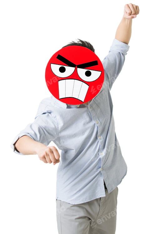 Preview: Young man with a angry emoticon face in front of his face