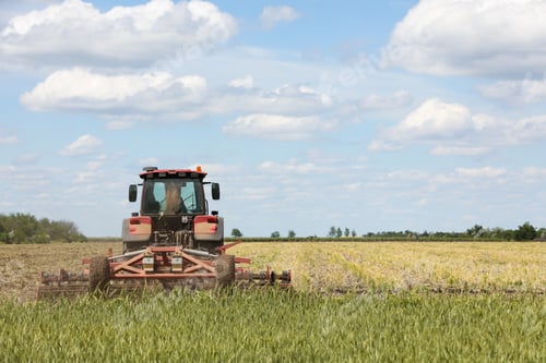 Preview: Modern agricultural machinery in field on sunny day