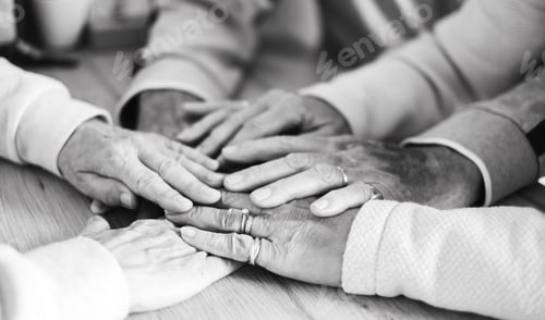 Preview: Hands of three old people put in circle show unity and support, together in eternal friendship love