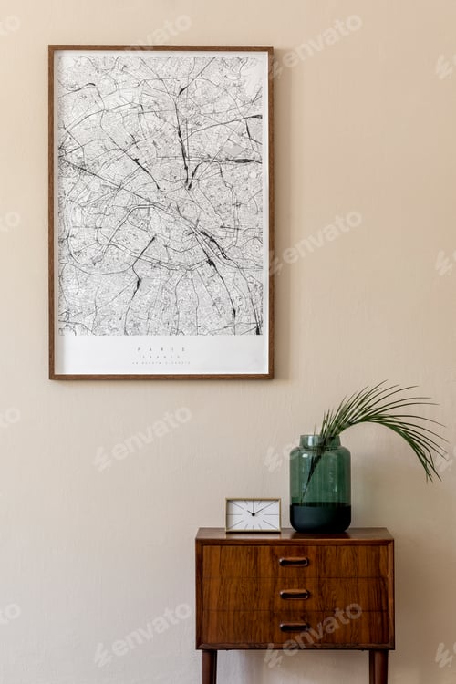 Preview: Modern scandinavian living room interior with mock up poster frame.