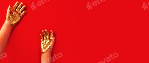 Preview: Child s little hands in gold glitter.Hands of little child in gold glitter.
