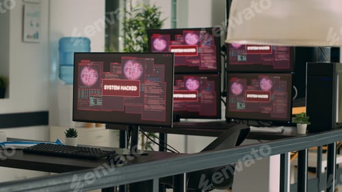 Preview: Empty agency office with computer showing system error security and hacking alert