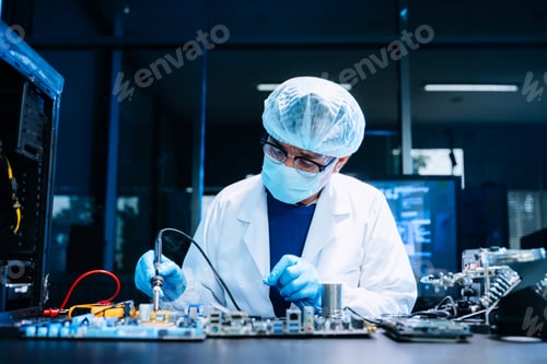 Preview: Professional electronics technician repairing computer motherboard in modern lab. Hardware