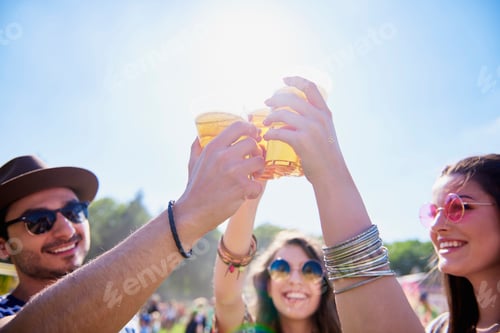 Preview: Friends drinking beer and having fun in festival