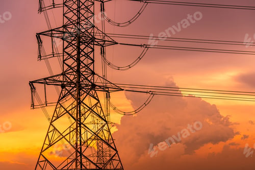 Preview: High voltage electric pylon and electrical wire with sunset sky. Electricity pole. Power and energy