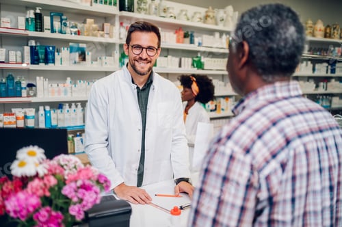 Preview: Portrait of a male pharmacist working in pharmacy and smiling while looking into the camera
