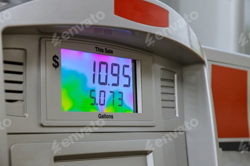Preview: Gas pump with price closeup modern fuel station showing counter with fuel price.