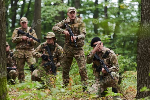 Preview: A disciplined and specialized military unit, donned in camouflage, strategically patrolling and