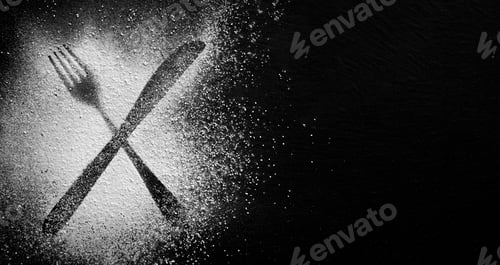 Preview: Cutlery, fork, knife on white background. Flour, powder sugar, white dust, copy space.