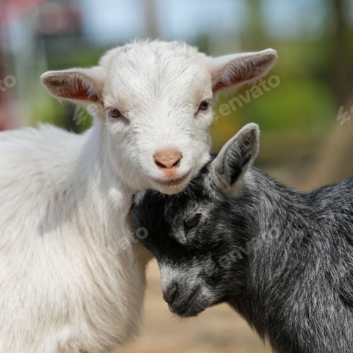 Preview: Closeup shot of black and white sheep with their heads next to each other