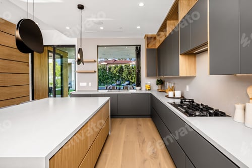 Preview: Modern kitchen interior with outdoor view