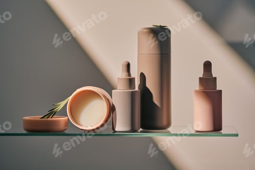Preview: A composition of cosmetic care products on a glass shelf.