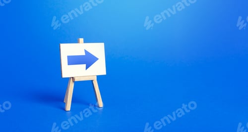 Preview: Easel with a blue right arrow. Sign of direction. Advertising of the location of a store or outlet.
