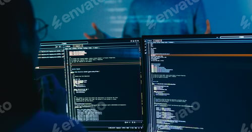 Preview: Group adult Asia male software developers mentor leader manager talk strategy plan to executive.