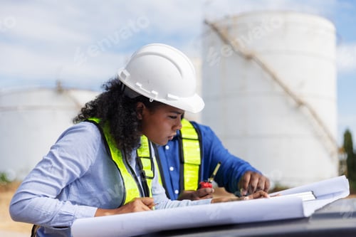 Preview: A female engineer reviews blueprints at an industrial storage facility