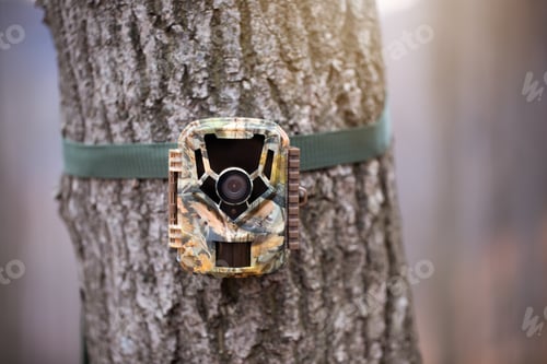 Preview: Trail camera for wildlife monitoring attached to a tree with green strap