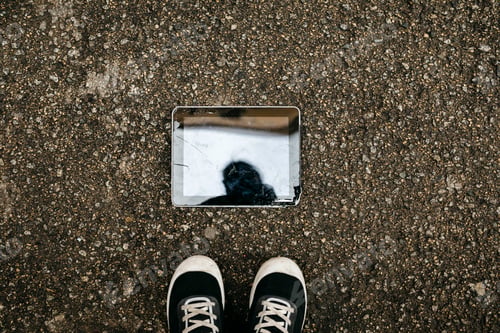 Preview: Aerial view of a broken tablet on the floor