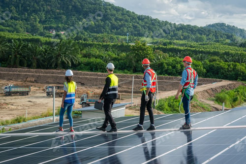 Preview: Engineer maintenance checking installing solar roof panel on the factory rooftop.