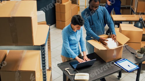 Preview: Diverse entrepreneurs giving highfive after putting products in cardboard packages