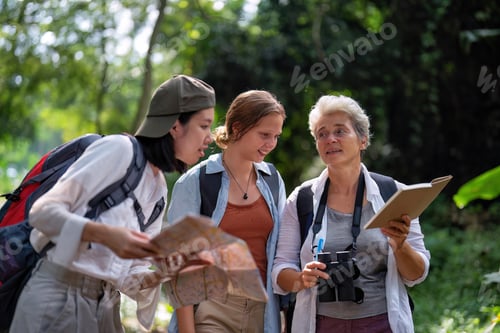 Preview: Backpack tourist travel outdoor adventure bird study using binoculars looking and record to book