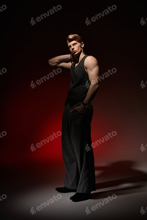 Preview: Showcasing modern masculinity through a striking young mans pose and style