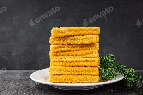Preview: Fish sticks seafood fish fingers dish fresh gourmet food background on table rustic food top