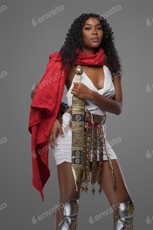 Preview: Dark-skinnedn model in Greek-style tunic with red cape and ornate belt