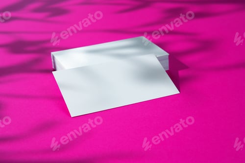Preview: Advertising mock-up. White blank businesscards on bright pink background