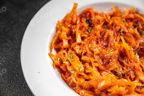 Preview: Braised cabbage suerkraut tomato sauce vegetable dish fresh delicious gourmet food background